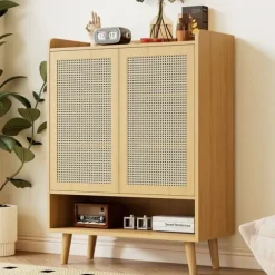 Skoskåp i naturlig rotting – skoförvaring med 2 dörrar & 5 hyllplan, trähandtag & massiva träben – 80x105x35 cm för hall