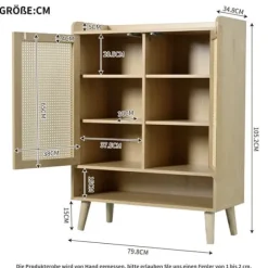 Skoskåp i naturlig rotting – skoförvaring med 2 dörrar & 5 hyllplan, trähandtag & massiva träben – 80x105x35 cm för hall