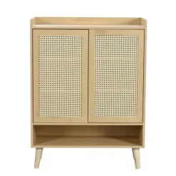 Skoskåp i naturlig rotting – skoförvaring med 2 dörrar & 5 hyllplan, trähandtag & massiva träben – 80x105x35 cm för hall