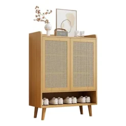 Skoskåp i naturlig rotting – skoförvaring med 2 dörrar & 5 hyllplan, trähandtag & massiva träben – 80x105x35 cm för hall