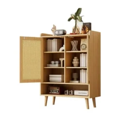 Skoskåp i naturlig rotting – skoförvaring med 2 dörrar & 5 hyllplan, trähandtag & massiva träben – 80x105x35 cm för hall