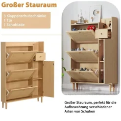 Skoskåp i rotting i naturfärg, med 3 lutande dörrar och 1 låda med ben och handtag i massivt trä