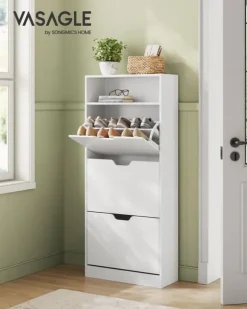 Skoskåp med 3 gångjärnsdörrar, skoställ, öppet fack, justerbar avdelare, 14 till 18 par, för liten entré, 24 x 60 x 139 cm, Cloud White LBC046W01