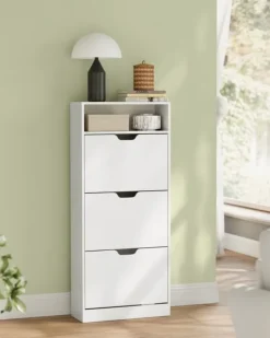 Skoskåp med 3 gångjärnsdörrar, skoställ, öppet fack, justerbar avdelare, 14 till 18 par, för liten entré, 24 x 60 x 139 cm, Cloud White LBC046W01