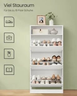 Skoskåp med 3 gångjärnsdörrar, skoställ, öppet fack, justerbar avdelare, 14 till 18 par, för liten entré, 24 x 60 x 139 cm, Cloud White LBC046W01