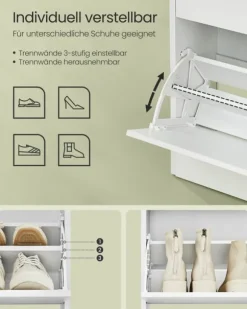 Skoskåp med 3 gångjärnsdörrar, skoställ, öppet fack, justerbar avdelare, 14 till 18 par, för liten entré, 24 x 60 x 139 cm, Cloud White LBC046W01