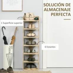 Skoställ - Skohylla - Smal - 7 Nivåer - För 6 Par - 32×30×104 cm - Trä - Natur