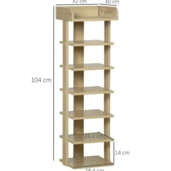 Skoställ - Skohylla - Smal - 7 Nivåer - För 6 Par - 32×30×104 cm - Trä - Natur
