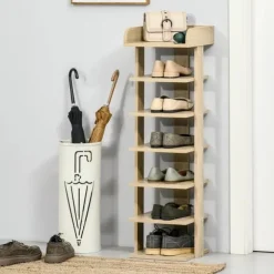 Skoställ - Skohylla - Smal - 7 Nivåer - För 6 Par - 32×30×104 cm - Trä - Natur