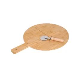 Skär- och serveringsset i bambu för pizza – 2 delar, skärare i rostfritt stål