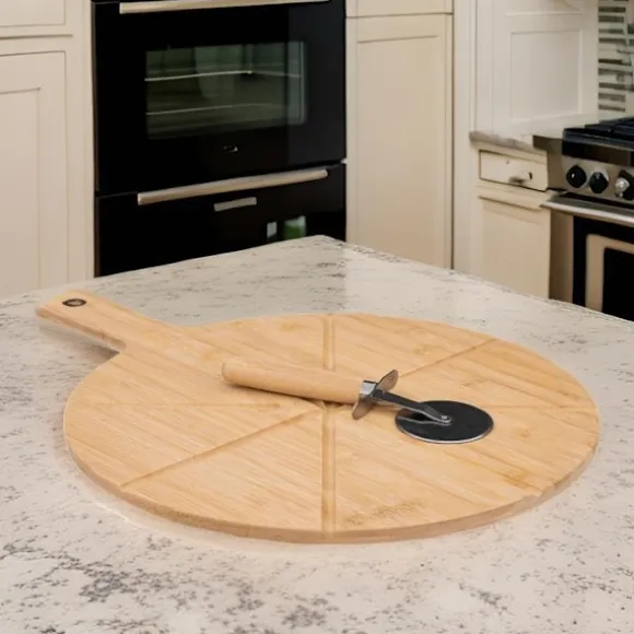 Skär- och serveringsset i bambu för pizza – 2 delar, skärare i rostfritt stål