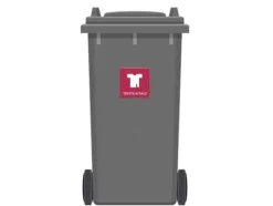 Skylt avfallspiktogram TEKSTILAFFALD 12x12 cm, aluminium, vinröd/vit