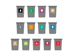 Skylt avfallspiktogram TEKSTILAFFALD 12x12 cm, aluminium, vinröd/vit