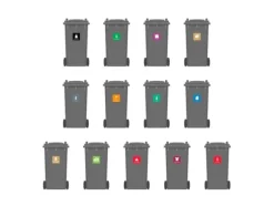 Skylt avfallspiktogram TEKSTILAFFALD 12x12 cm, aluminium, vinröd/vit