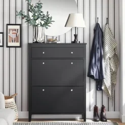 SoBuy Smalt skoskåp med 2 dörrar – 80X25X108cm | Hallförvaring | Svart FSR89-SCH