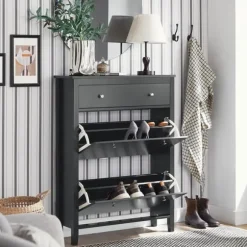 SoBuy Smalt skoskåp med 2 dörrar – 80X25X108cm | Hallförvaring | Svart FSR89-SCH