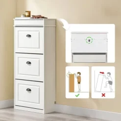 SoBuy Smalt skoskåp med 3 dörrar –53x24x119cm | För 12 par skor | Hallförvaring | Vit FSR94-WG