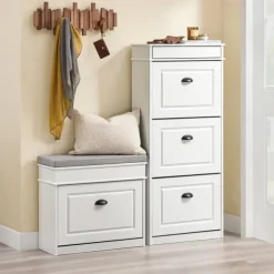 SoBuy Smalt skoskåp med 3 dörrar –53x24x119cm | För 12 par skor | Hallförvaring | Vit FSR94-WG