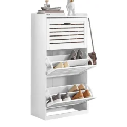 SoBuy Smalt skoskåp med 3 fack Skohylla hög Hallmöbler vit FSR108-W