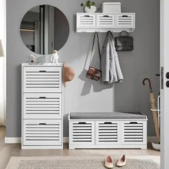 SoBuy Smalt skoskåp med 3 fack Skohylla hög Hallmöbler vit FSR108-W