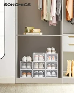 Songmics Skokartonger, Skoställ, paket med 8 stapelbara skoförvaringsarrangörer, transparent