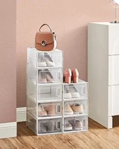 Songmics Skokartonger, Skoställ, paket med 8 stapelbara skoförvaringsarrangörer, transparent