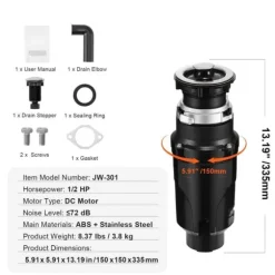 Sophantering 1/2 HP, kontinuerlig matavfallshantering, EZ Connect, effektiv hushållslösning, enkel installation, hållbar avfallshantering