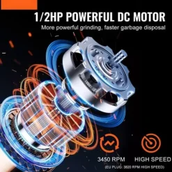 Sophantering 1/2 HP Kontinuerlig matavfallskvarn, 3820 RPM, effektiv avfallshantering, hållbar design, enkel installation
