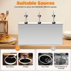 Såsdispenser, 304 rostfritt stål, 58 x 23 x 31 cm, 3 x 4 liters kapacitet, 3 utdelningshuvuden, Nettovikt 8 kg