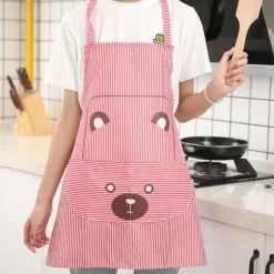 Söt tecknat randigt köksförkläde med ficka - röd (unisex)