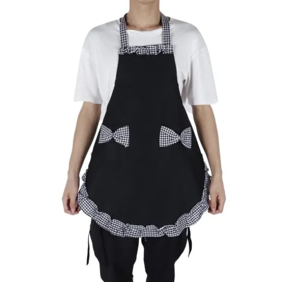 Söt Vintage Damförkläde Rosett Spetsdekoration med Ficka för Köksmatlagningstillbehör Svart