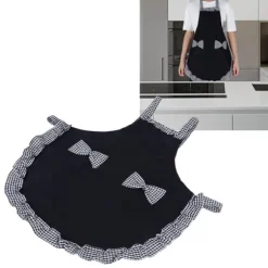 Söt Vintage Damförkläde Rosett Spetsdekoration med Ficka för Köksmatlagningstillbehör Svart