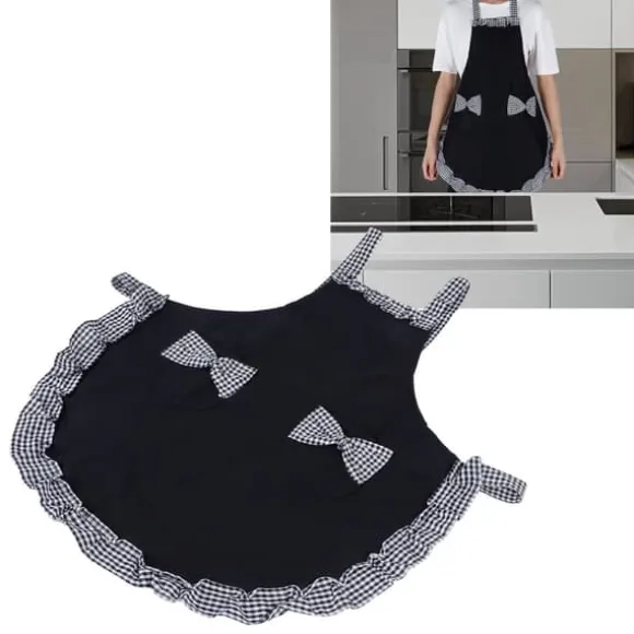 Söt Vintage Damförkläde Rosett Spetsdekoration med Ficka för Köksmatlagningstillbehör Svart
