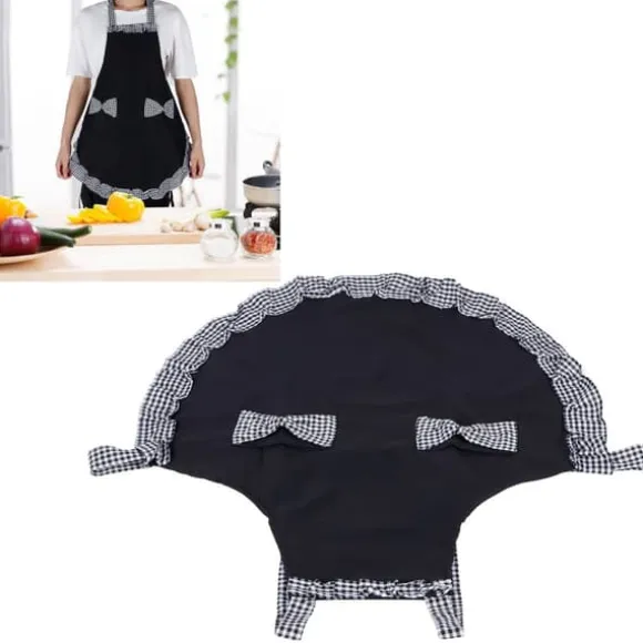 Söt Vintage Damförkläde Rosett Spetsdekoration med Ficka för Köksmatlagningstillbehör Svart