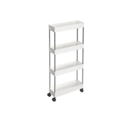 4-stegs förvaringsvagn på hjul, förvaringsenhet i plast, platsbesparande hylla för små utrymmen, badrum och kök, 40 x 12,5 x 88 cm, vit KSC08WT