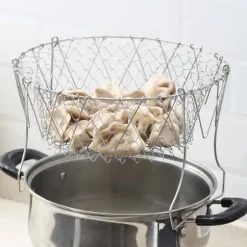 Stekkorg i rostfritt stål Hopfällbar, måttlig masktäthet, mångsidigt matlagningsnät för kök