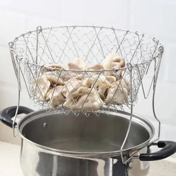 Stekkorg i rostfritt stål Hopfällbar, måttlig masktäthet, mångsidigt matlagningsnät för kök