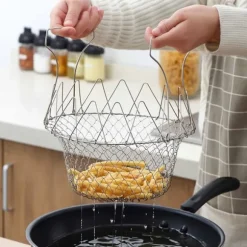 Stekkorg i rostfritt stål Hopfällbar, måttlig masktäthet, mångsidigt matlagningsnät för kök