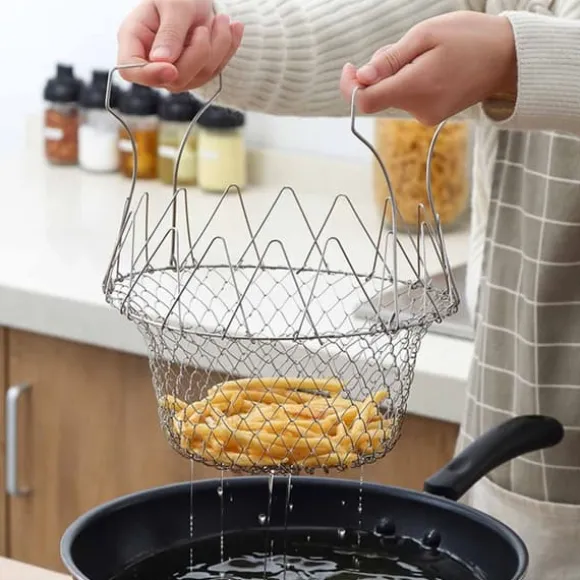 Stekkorg i rostfritt stål Hopfällbar, måttlig masktäthet, mångsidigt matlagningsnät för kök