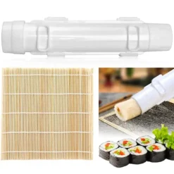 Sushi Maker Set i Vitt med Bambumatta - Livsmedelssäker ABS+PP, Enkel Att Använda, Perfekt för Hemma och Picknick