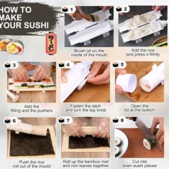 Sushi Maker Set i Vitt med Bambumatta - Livsmedelssäker ABS+PP, Enkel Att Använda, Perfekt för Hemma och Picknick