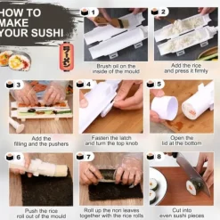 Sushitillverkningsset, sushitillverkningsrulle, DIY-sushitillverkning, sushiverktyg för nybörjare för att göra sushi snabbt (vit)