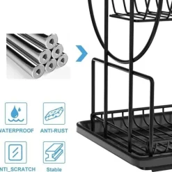 Svart diskavlopp för kök med 2 nivåer, diskavlopp i rostfritt stål med redskapshållare och droppbricka