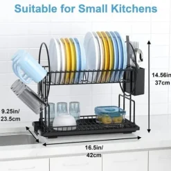 Svart diskavlopp för kök med 2 nivåer, diskavlopp i rostfritt stål med redskapshållare och droppbricka