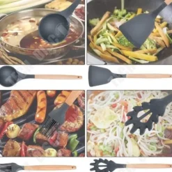 TD® köksredskapssats i silikon, värmebeständig 9-delad matlagningsverktyg med handtag av lövträ