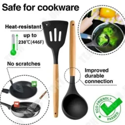 TD® köksredskapssats i silikon, värmebeständig 9-delad matlagningsverktyg med handtag av lövträ