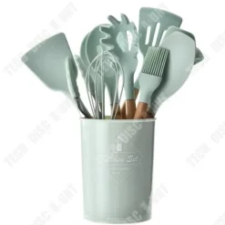 TD® Lagringsfat Färskt grönt trähandtag Silikon Högtemperaturspatel Non-Stick köksredskap 12 stycken