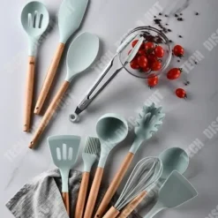 TD® Lagringsfat Färskt grönt trähandtag Silikon Högtemperaturspatel Non-Stick köksredskap 12 stycken