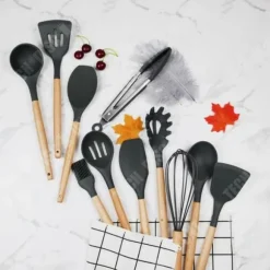 TD® Trähandtag Silikon Köksredskap 12 delar Nonstick Köksspatel Matlagningsredskap Spade Sked Set