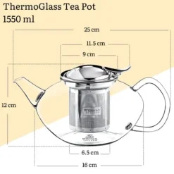 Tekanna 1550 ml Glas med Rostfritt Stålfilter – Värmebeständig Tebryggare
